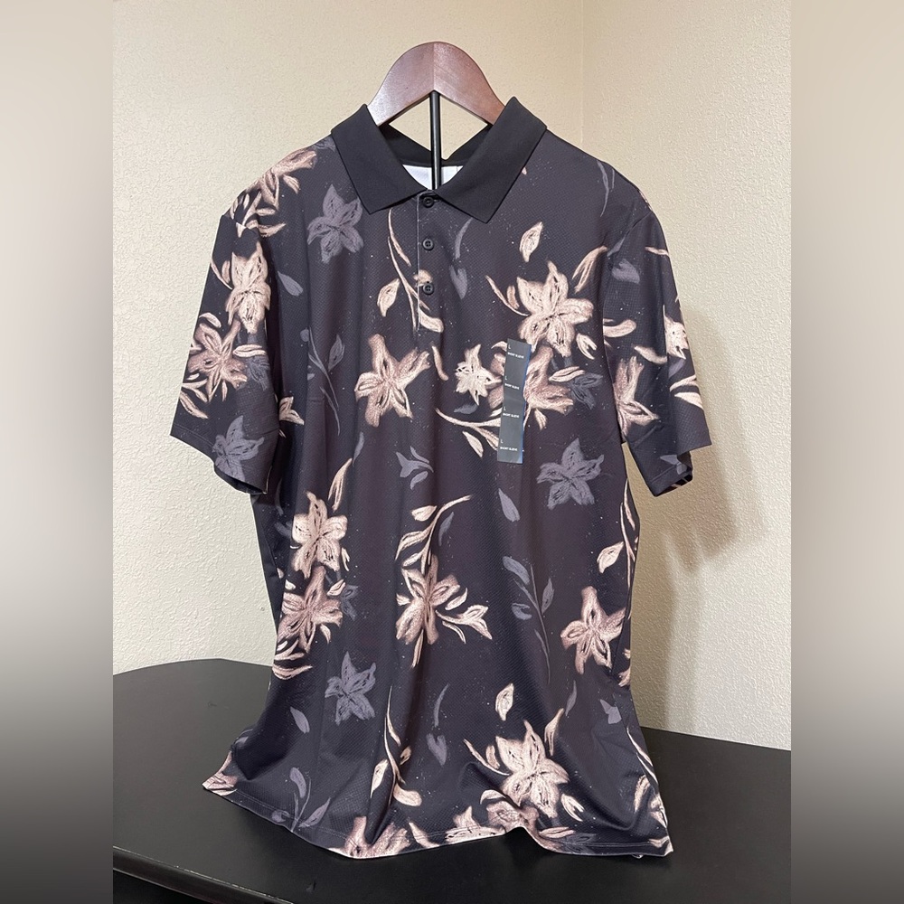 307: All in Motion Black and Pink Floral Polo Shirt - Large